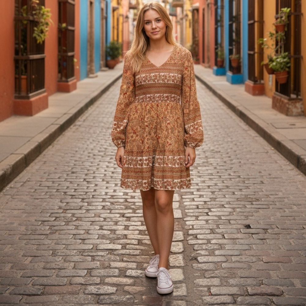 Vintage-Inspired Long Sleeve Floral Dress